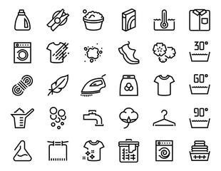 Laundry icon. Garment care guide. Outline hand and machine washing signs. Black contour symbols for clothing labels. Information about material, water temperature and detergent. Vector isolated set