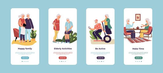 Mobile application for old people. Senior men and women play sport games, riding motorcycles, organizing meetings with family and friends. Smartphone interfaces, vector modern device screens flat set