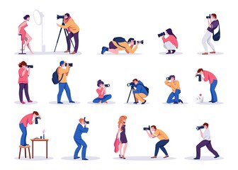 Photographers. Cartoon young men and women shoot photographs. People taking pictures of celebrity and models, food or plants. Professional cameras and studio equipment. Vector paparazzi isolated set