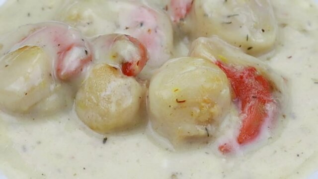 saint-jacques cuisin&eacute; avec sauce dans une assiette