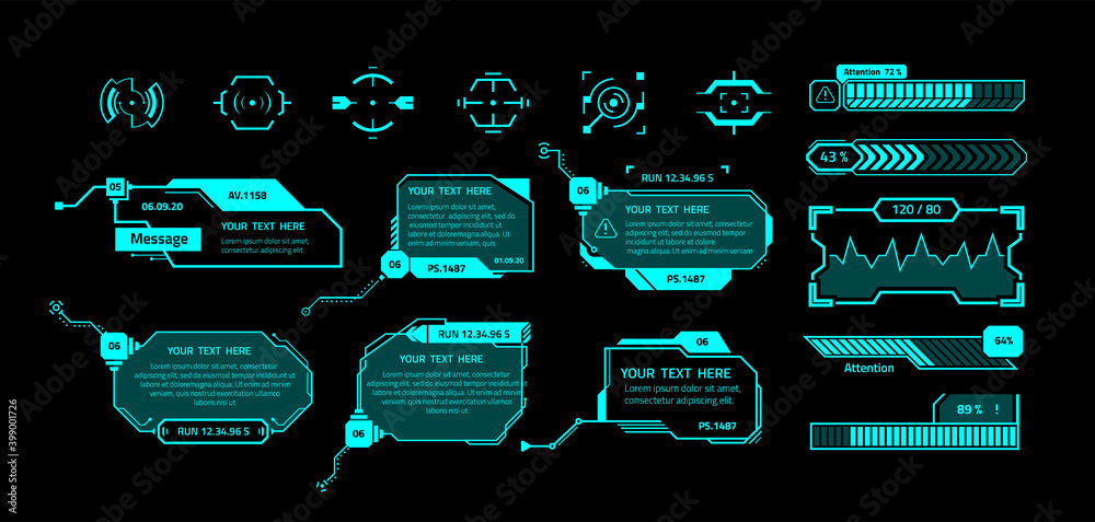 Poster HUD banners. Futuristic interface elements with copy space. Callout message boxes and infographics, weapon sights. Isolated neon borders with text on black background. Fluorescent frames, vector set