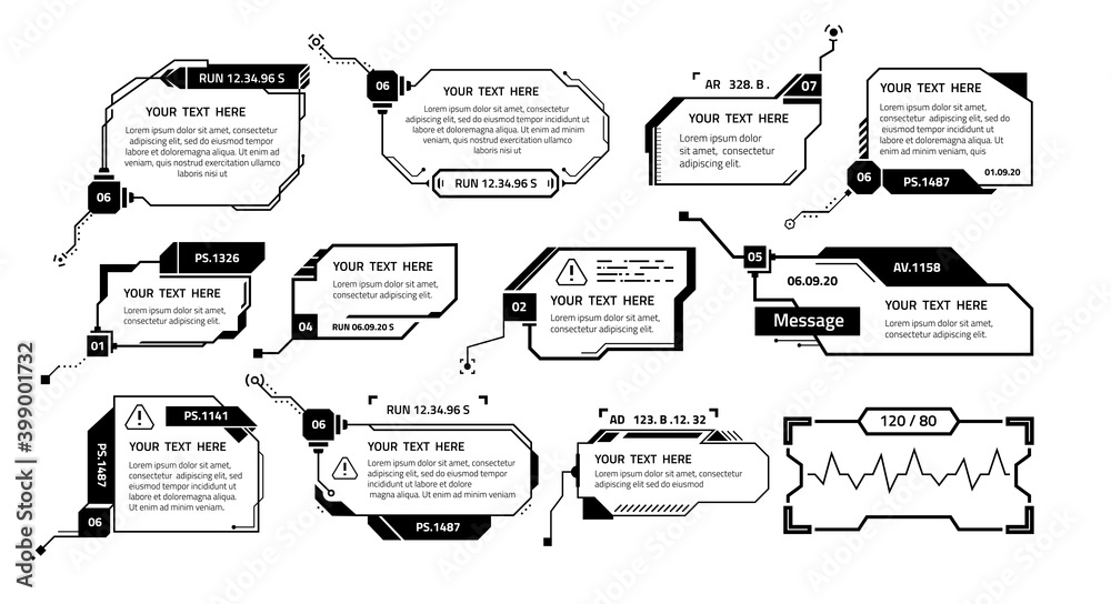 Aufkleber HUD banners. Callout boxes for system information and massages. Futuristic interface elements with place for text and infographics. Isolated computer video game interface, vector black frames set