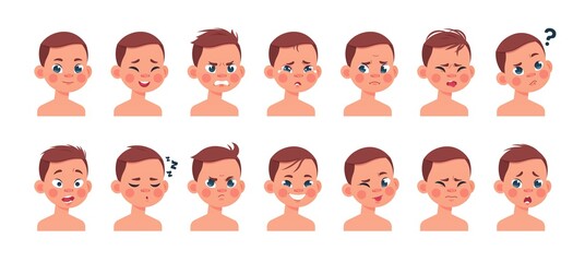 Kid emotions. Cartoon children faces with different expressions. Smile and angry, sad or happy, confused and surprised moods. Isolated human head, little boy portrait with various haircuts, vector set