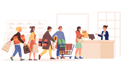 Shopping queue. Cartoon people standing in line at cashier. Men and women in retail store, at mall or supermarket. Customers buying shoes, garments and presents. Vector sellers and buyers concept