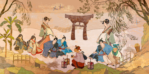 Tradition and culture of Asia.  Ancient Japan. Oriental people. Tea ceremony. Samurai warrior and geisha. Traditional paintings. Classic wall drawing. Murals and watercolor asian style - 399001779