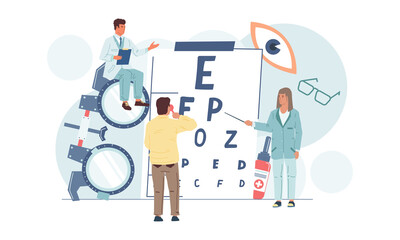 Ophthalmology. Vision examination. Eye care and medical correction. Ophthalmologist check or selection of glasses in optics. Cartoon physician consulting patient. Visit to doctor, vector concept