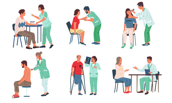 Doctor and patient. Consultation in clinic. Cartoon scenes of examination people in hospital. Isolated medical workers checking health. Treatment and prevention, vector visit to physician set