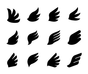 Wing icons. Eagle hawk or phoenix minimal bird logo, abstract classic heraldic symbol collection, royal black silhouette symbols. Tattoo template, stickers or emblems vector isolated graphic set