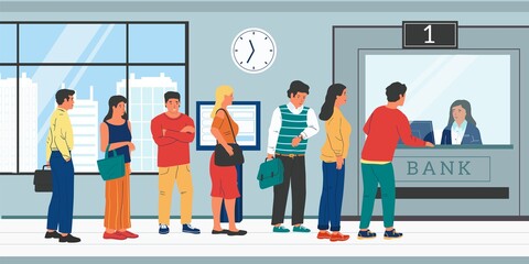 Bank queue. Cartoon people standing in row to cashier. Men and women waiting in line. Payments and money transfer, making financial transactions at cash desk, vector banking flat illustration