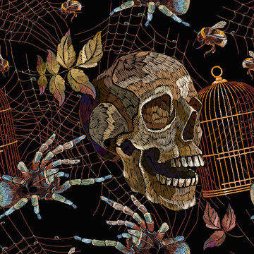 Embroidery human skull, spider and golden cage. Gothic seamless pattern. Dark medieval halloween background. Horror art, clothes template and t-shirt design