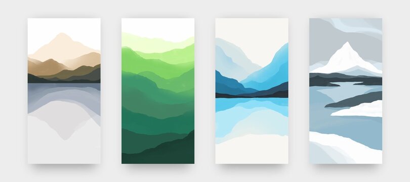 Watercolor mountains. Minimalist landscape posters. Hand drawn high rocks and hills, reflections in water. Collection of traditional pictures in Asian style with colors gradient, vector panorama set