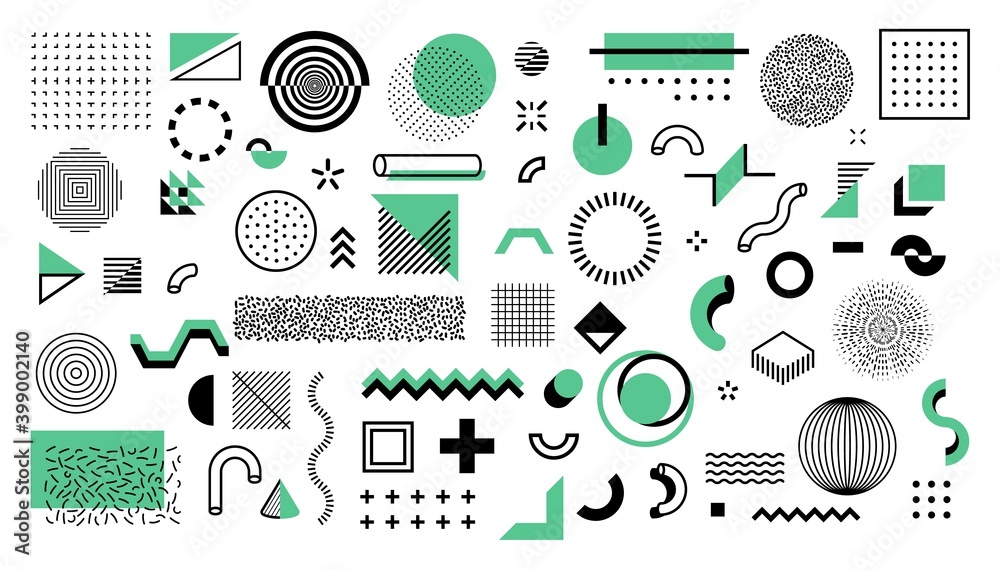 Poster Minimal memphis shapes. Abstract geometric graphic elements. Black and green figures, dots and lines. Isolated round and square forms on white background. Decorative banner, vector flat illustration