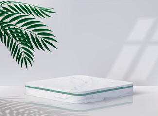 Minimal podium. Realistic empty pedestal for cosmetic product. 3D blank platform with white marble surface, overlay effects of plants shadows and light from window. Vector decorative square showcase