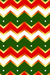 Abstract design with zigzag lines in golden yellow and green, red and white background.