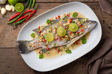 Steamed Seabass with Spicy Chili and Lemon Sauce.Top view