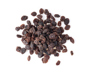 Dried raisins isolated on white background top view
