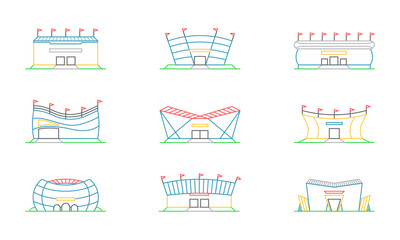 Vector set of linear isolated icons of arenas, stadiums. Minimalistic in a flat style. Design template for sites, applications, design.
