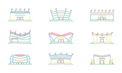 Fototapeten Vector set of linear isolated icons of arenas, stadiums. Minimalistic in a flat style. Design template for sites, applications, design. © Иван Корепанов