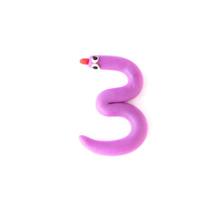 Number 3 made from colorful plasticine isolated on white background. Learning numbers with child.