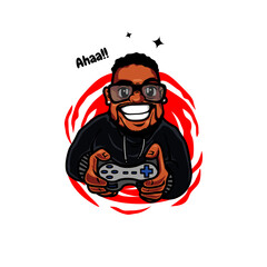 Cartoon logo gaming beard man holding the joystick, a happy man playing game illustration