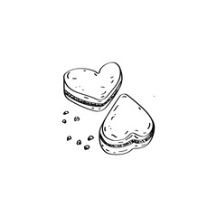 A hand-drawn cookie. Cookies in the shape of a heart Doodle illustration. Vector Valentine's day design element for greeting cards, invitations. Black outline isolated on a white background