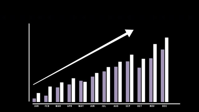 Upwards animation bar graph, showing data stats rising on transparent background with alpha channel.