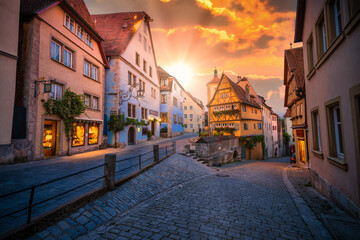 Old town of Rothenburg ob der Tauber at sunset. Bavaria, Germany