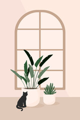 Home interior with a closed round window, a cat, flower pots. Home comfort. Vector drain illustration in a flat style. Cozy room design.