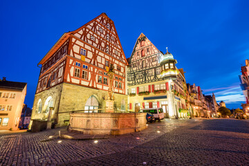 Traditional German architecture of Rothenburg ob der Tauber at dusk Bavaria, Germany