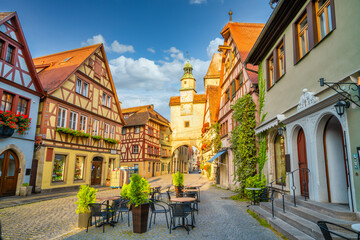 Markus tower in morning light. One of the oldest ruins of this Bavarian town of Rothenburg ob der Tauber. Germany