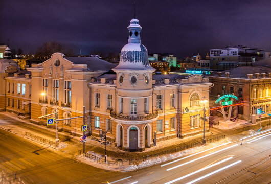 The old building of the Russian-Asian bank in the historical center of irkutsk city at night