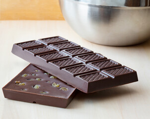 Homemade chocolate bars with raisins on the table