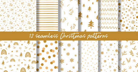 Gold Christmas pattern set. Golden Christmas forest seamless patterns. Snowyflakes, fir branches, lines, strip texture