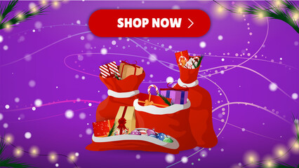 Naklejka premium Christmas Shop. Many Different New Year Gifts on The Festive Background. Merry Christmas and Happy New Year. Colored. Winter Holidays Set Realistic gifts. Snowflakes in the air. Vector Illustration