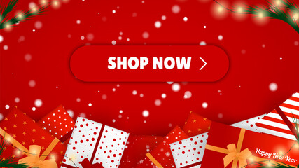 Naklejka premium Christmas Shop. Many Different New Year Gifts on The Festive Background. Merry Christmas and Happy New Year. Colored. Winter Holidays Set Realistic gifts. Snowflakes in the air. Vector Illustration