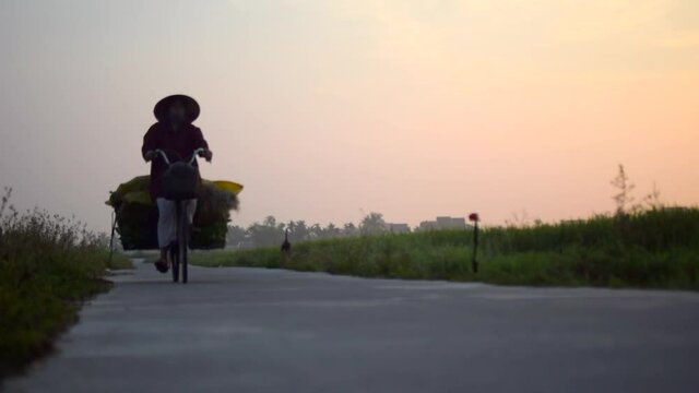 Hoi An, Vietnam, 04.14.2018: Vietnamese man wearing a non la hat riding a bicycle with side baskets full of produce at sunset on an empty road in Vietnam, Southeast Asia.