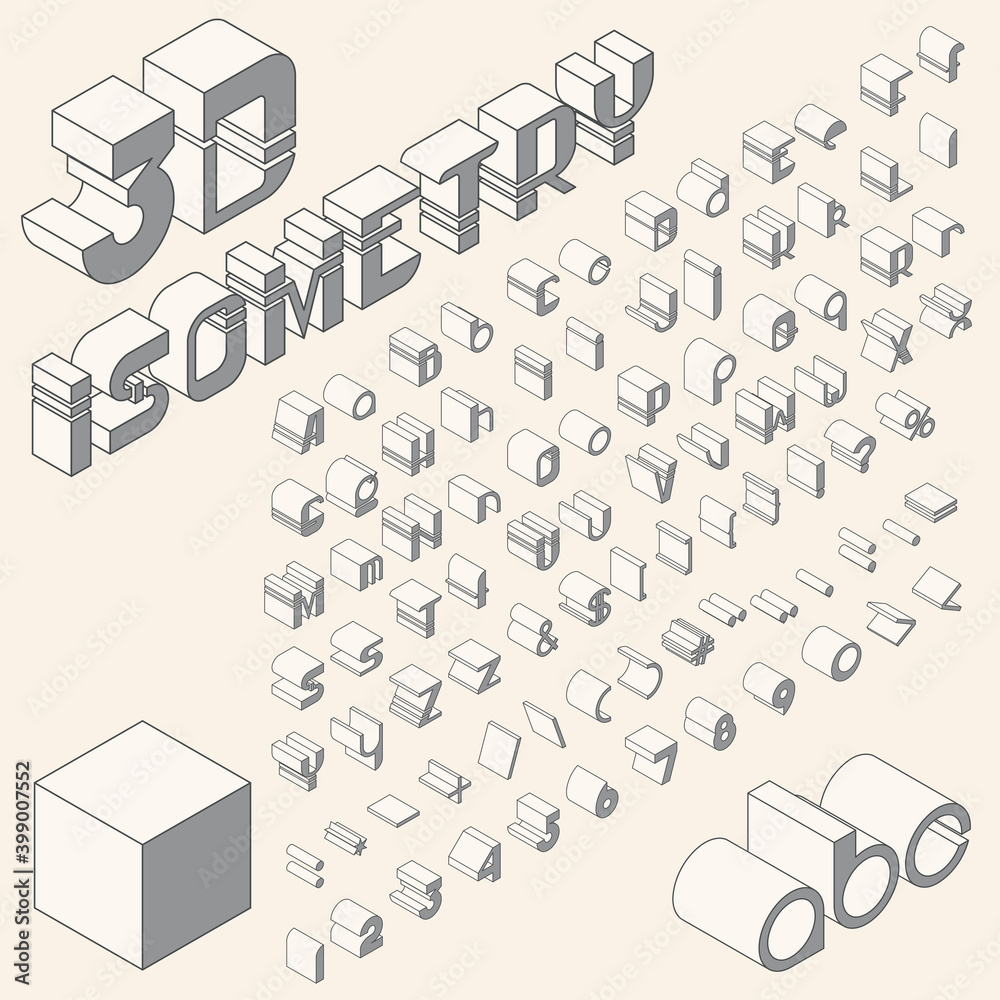 Poster vector isometric 3d font. grayscale collection of letters, numbers and punctuation marks