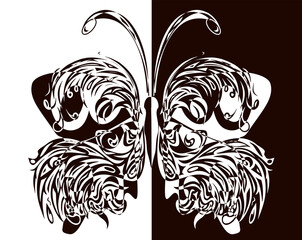 Butterfly made from curves silhouettes, isolated black on white half and white on black half, eps10 vector illustration. Possible to add inscription in a contrasting color for an interesting design.