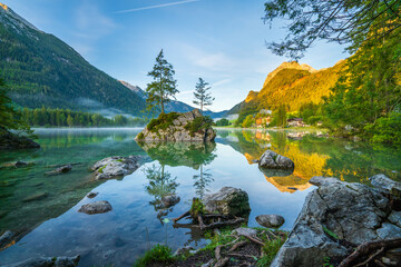 Colorful morning view of Hintersee lake in Bavarian Alps on the Austrian border, Germany, Europe