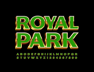 Vector elite emblem Royal Park. 3D Green and Gold Alphabet Letters and Numbers set. Luxury style Font