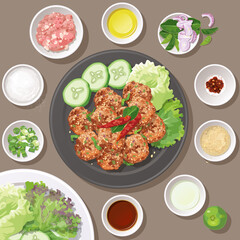 Top view of Thai food, fried spicy minced pork salad with ingredients. (Larb Moo Thod).