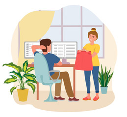 Fototapeta na wymiar Remote work disadvantages. Pretty woman distracting man from work vector flat illustration. Modern man working remotely from home use computer.