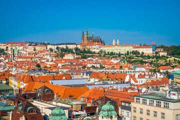 Top view of red roofs and Prague's castle in Czech republic