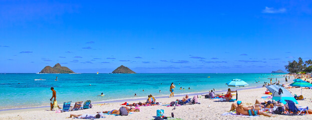 ハワイのオアフ島東海岸のラニカイビーチで海水浴・日光浴をする人々（パノラマ）
