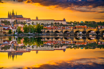 Charles bridge and Prague castle at sunset in Prague,Czech Republic 