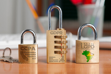 Data protection laws concept: three locks shows the names of three data protection laws: california consumer privacy act, general data protection regulation and lei geral de proteção de dados pessoais
