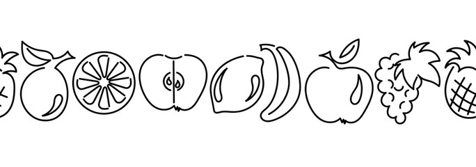 Seamless border. Summer fruits rich in vitamins, vegetarianism. Apple, pear, plum and other. Black ans white Hand drawn vector border