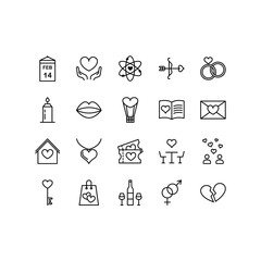 Set of Valentine's day icon on white background. Symbols of love - heart, cupid, arrow, valentine, gift, ring, message and broken heart in thin line style. Editable stroke
