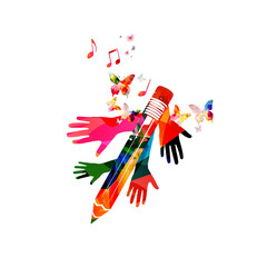 Colorful pencil with musical notes and hands isolated. Creative writing, composing music, education concept vector illustration 