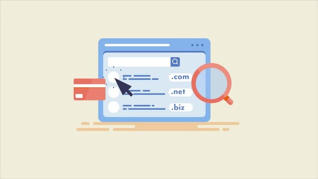 Domain registration service - Buying domain online. 2d animation video clip.